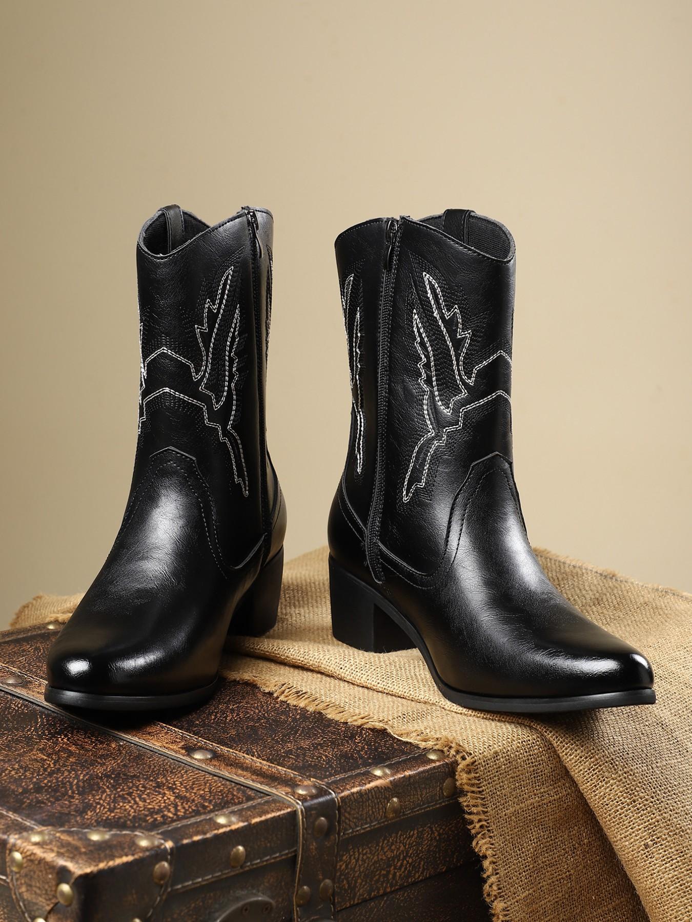 Men's Denim Boots Daily Embroidery Casual Low Heel Rubber Sole, Patchwork PU Upper, Mid-Calf Height, All Seasons Wear