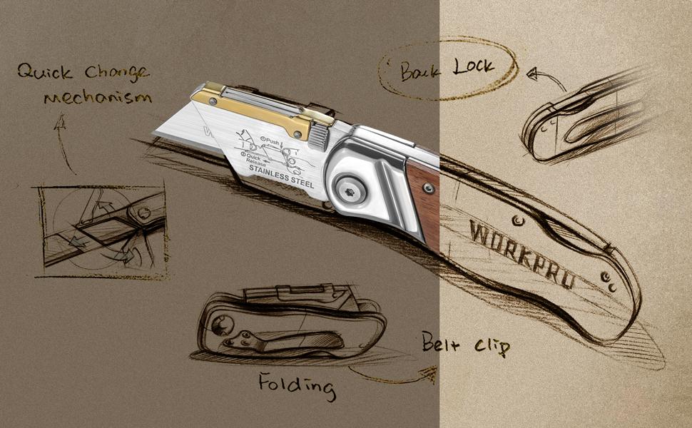 #JumpstartSale WORKPRO Folding Utility Knife with Belt Clip and Extra 10-piece Blades, Wood Handle Heavy Duty Cutter, Quick-change & Back Lock