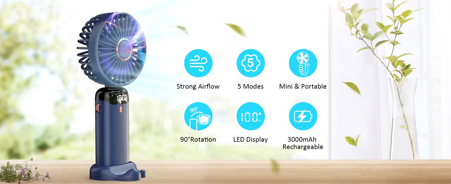 USB Rechargeable Handheld Portable Fan with Phone Holder for iPhone Android Mobile Phone, Cooling Fan with Digital Display, Portable Mini Fan, 90° Ajustable Handheld Fan for Outdoor Sports
