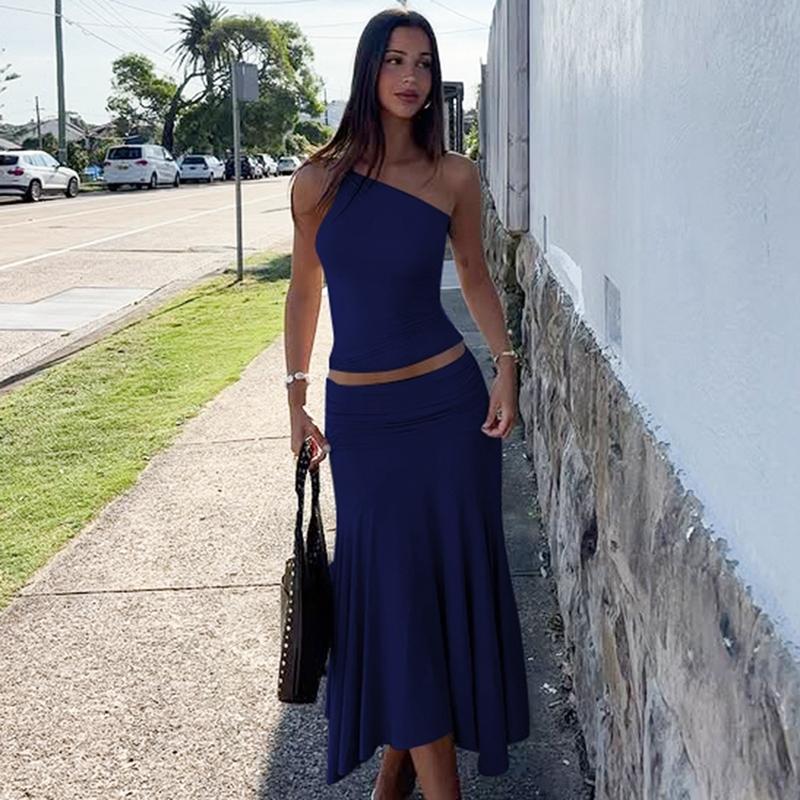 Women's Solid Color Cami Top & Skirt Two-piece Set, Sleeveless Top & Skirt, Ladies Summer Clothes for Daily Wear, Suits, Matching Skirt Set