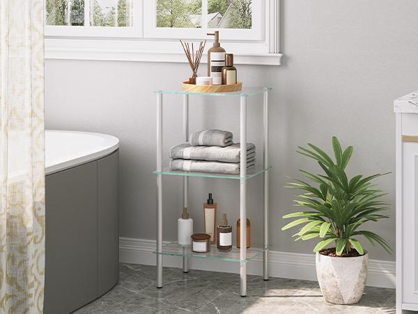 HOOBRO Tempered Glass Side Table for Bathroom, Bedroom, Home Office, Steel Frame Durable Glass Shelf, 3 Tier Standing Shelf Unit,  Space-Saving, Silver#springtok