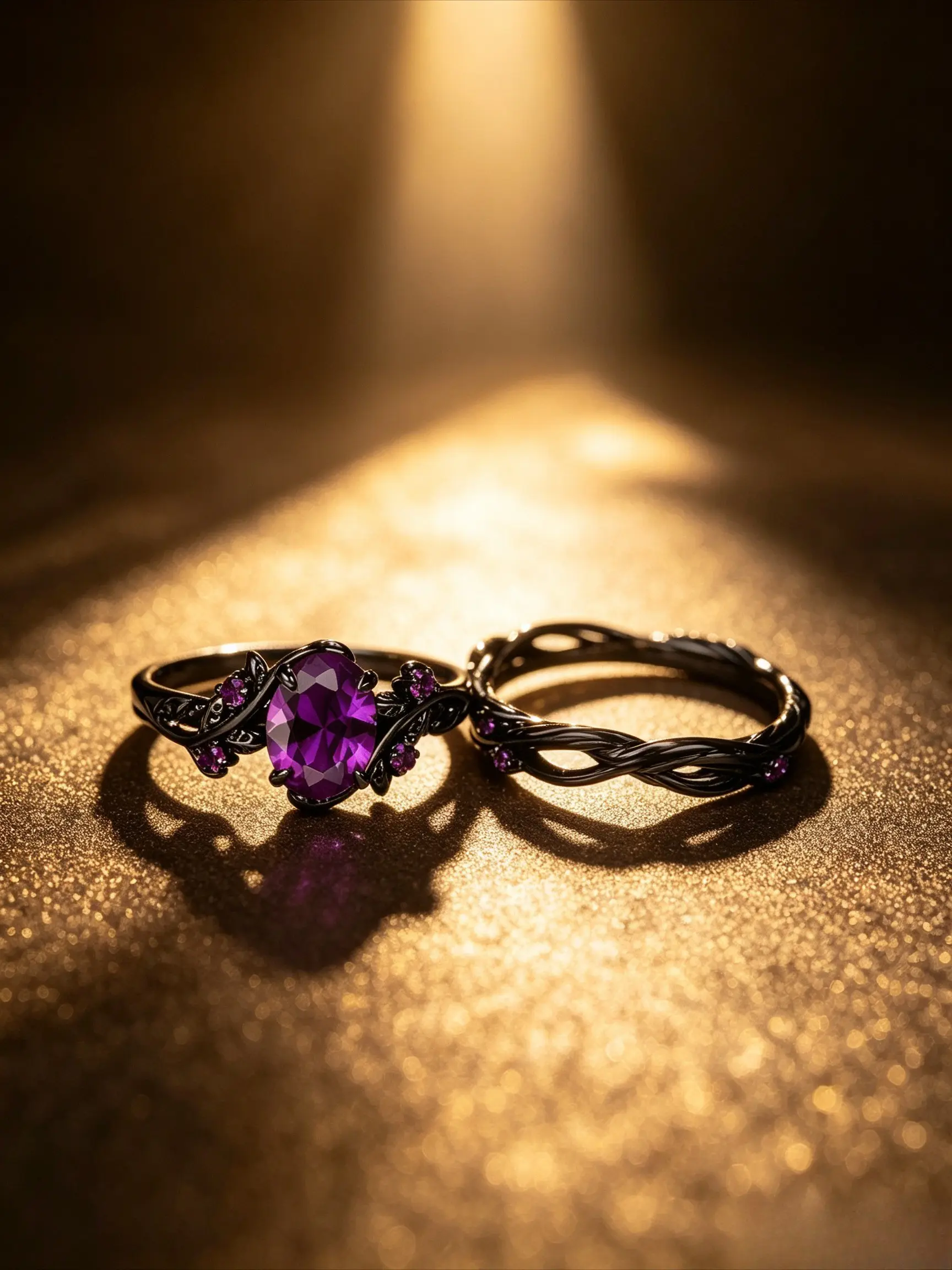 3 Colors Gothic Vine Leaf Simulated Gemstone Ring Set, Oval Simulated Amethyst / Emerald / Ruby Solitaire Ring, Black Gunmetal Filigree Twisted Branch Promise Engagement Finger Jewelry Gift For Women