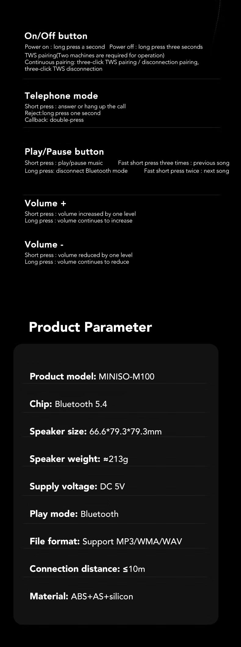 MINISO Portable 5W Wireless Bluetooth Speaker ,Mini Pocket Sound 8 Hours Music Time Speaker , 2 in 1 Stereo Sound Speaker Audio Smartphone