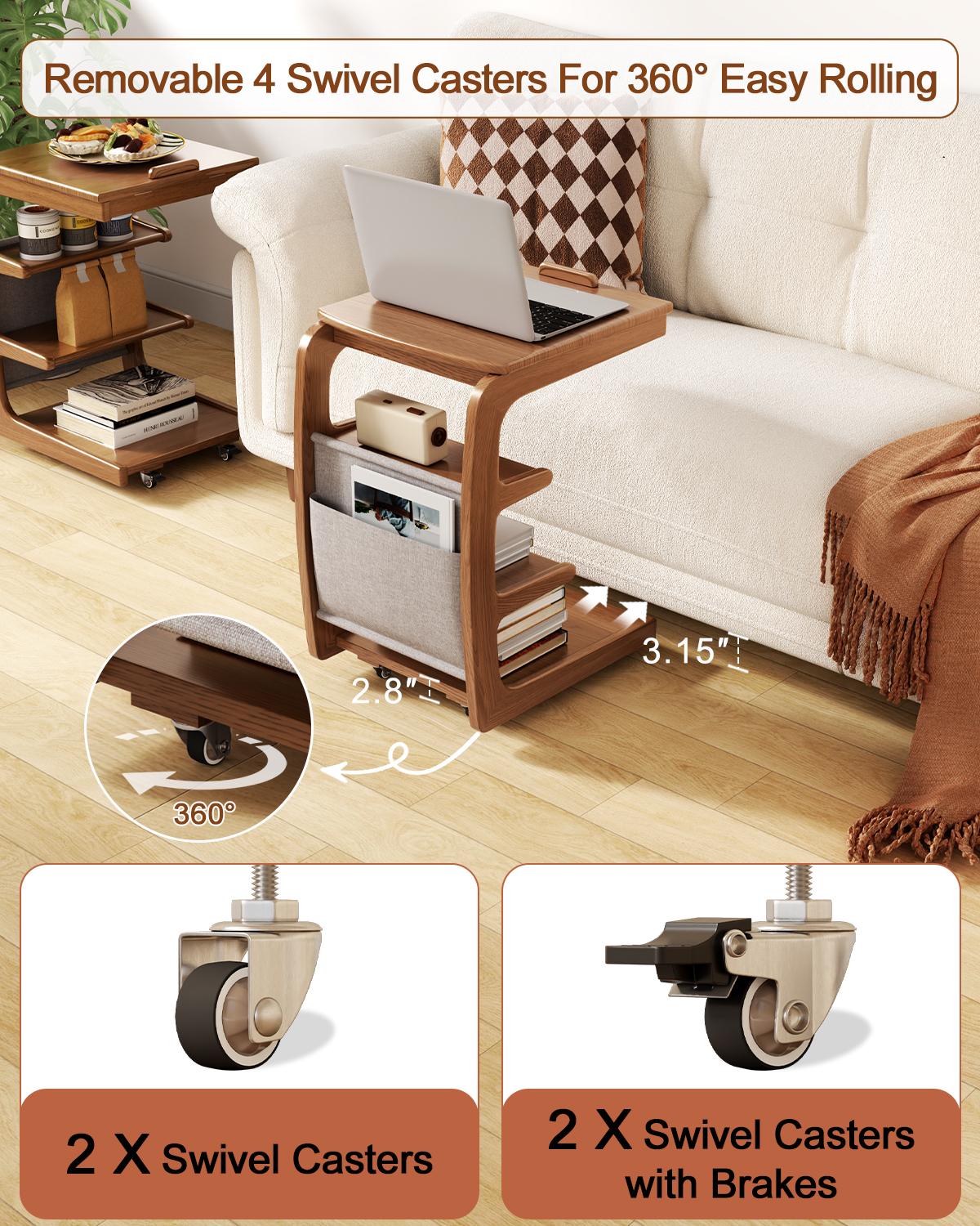 【HOT】Rolling Side Table – Solid Wood Mobile Side Table with Wheels, Adjustable Sofa Table for Living Room, Bedroom, and More, Trending Pick, Influencer Favorite