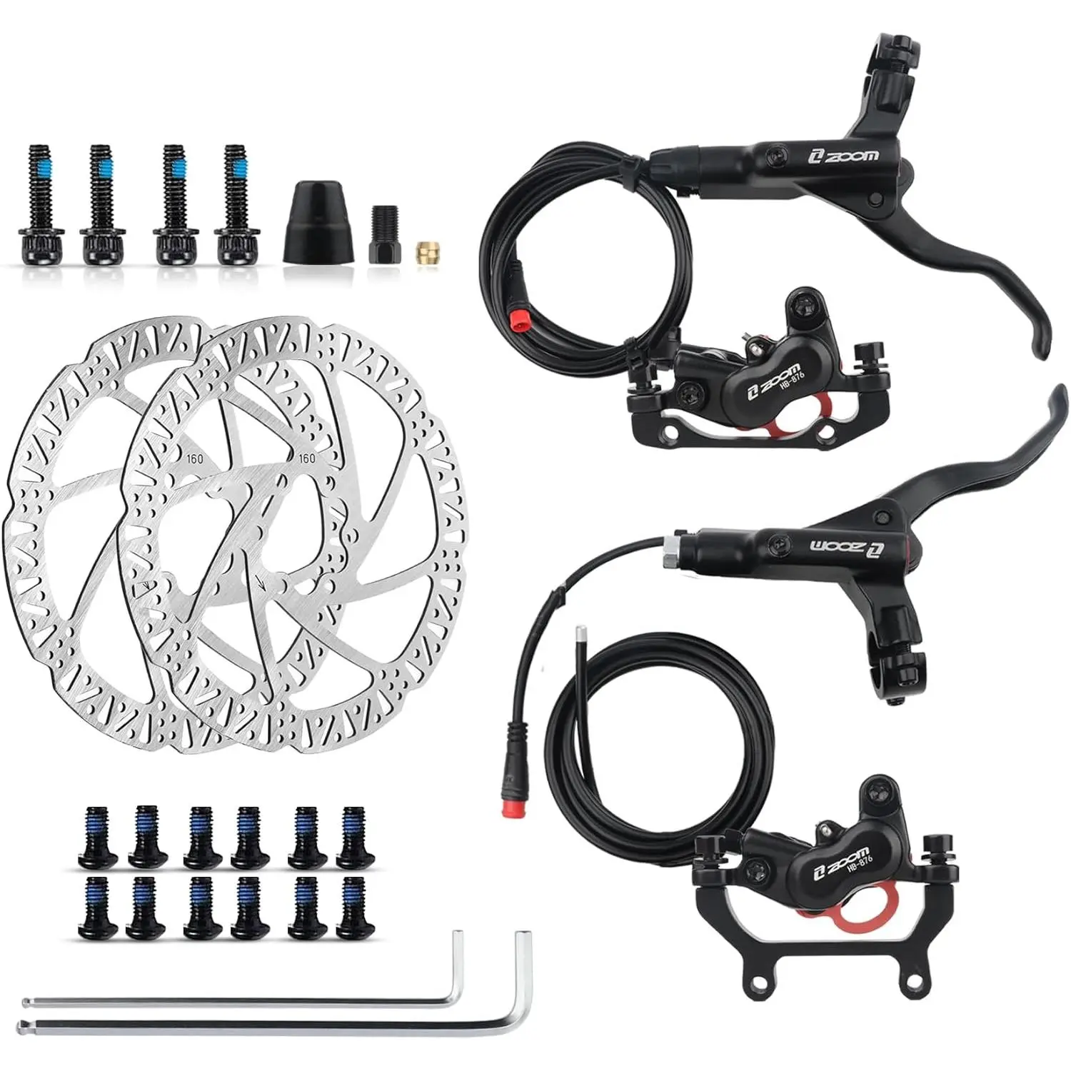 HB876E E- Hydraulic Disc  Set, 4- 2-PIN Sensor | 160mm Rotor Included,  Caliper Kit, IS/PM Mount Adapter, Mineral Oil Pre-Filled, Left Front & Right Rear Setup for ebike