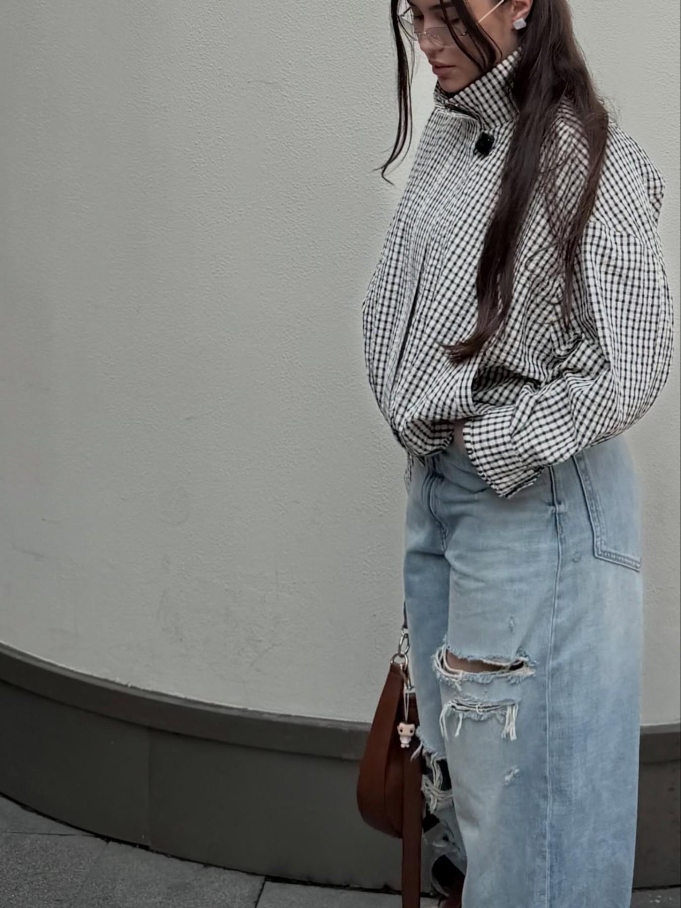 Women's Plaid Cropped Oversized Casual Long Sleeve Bomber Jacket, Streetwear, Loose Lightweight Outerwear for Spring and Autumn
