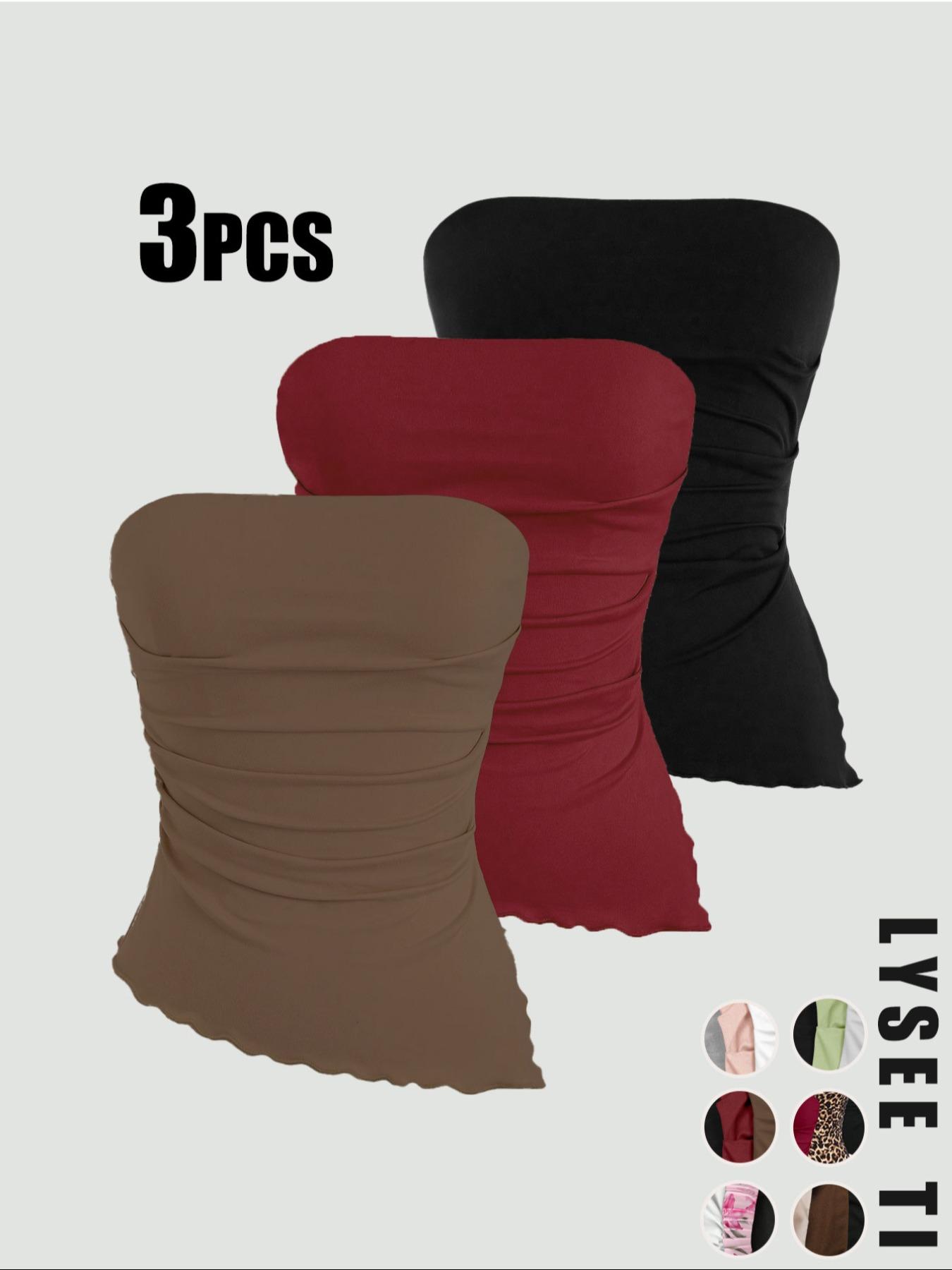 2026 Valentine's Day Women's 3-Piece Autumn/Winter Tube Top Set, Casual Fashion Sports Multicolor High-Elastic Tops with Lettuce Trim