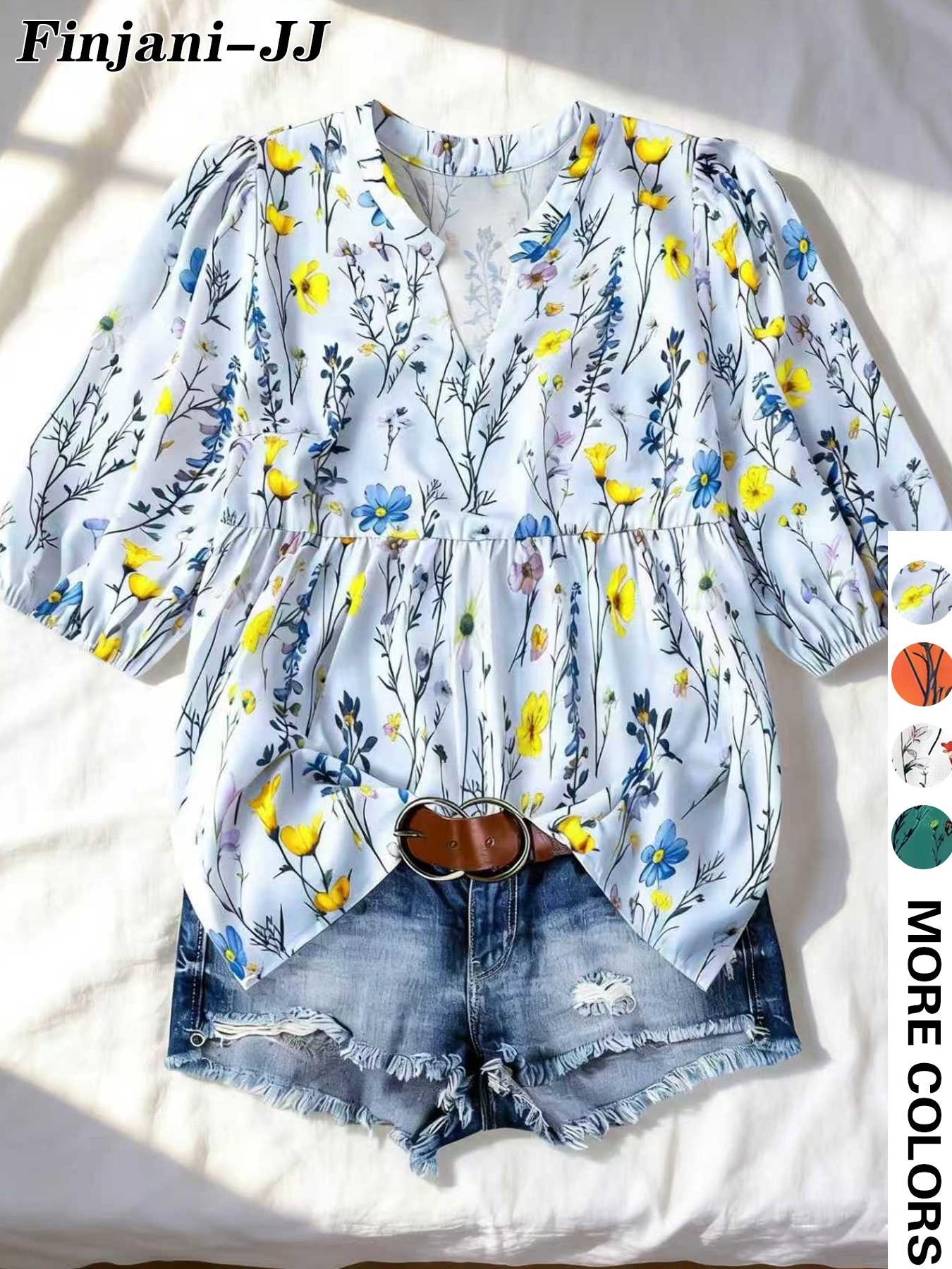 Fresh Wildflower Print V-Neck Bubble Sleeve Loose Doll Top, Casual Vacation Plus Size Shirt, Women's Fashion Blouse, Womenswear