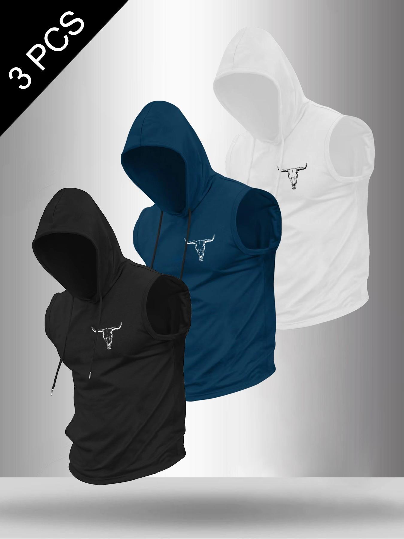Men's 3-Piece Set Bull Head Print Round Neck Sleeveless T-Shirt, Casual Comfortable Hooded Vest, Summer Outdoor Fitness Wear