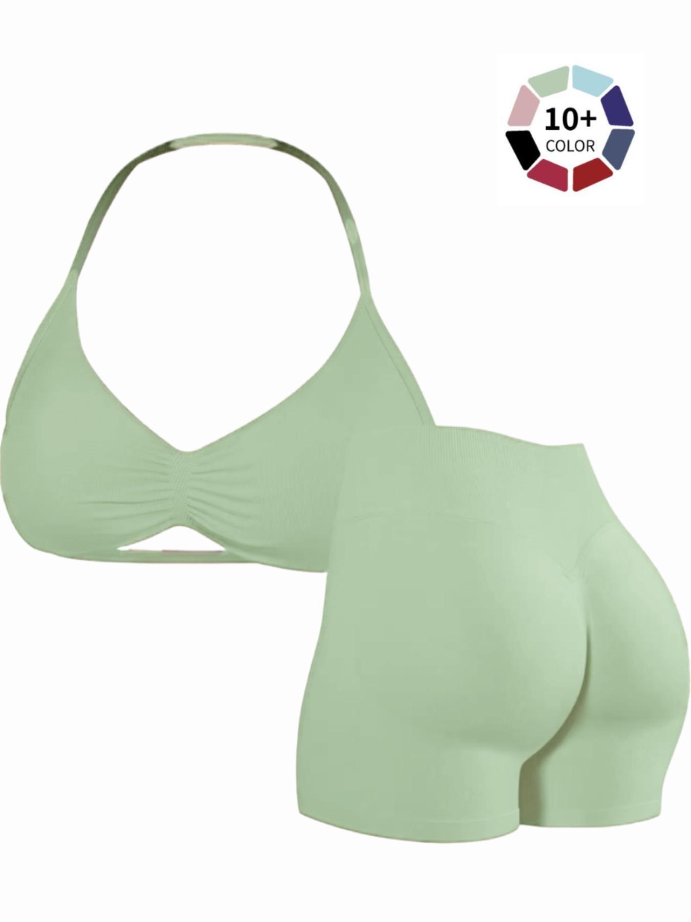 Women's Two-Piece Set, Solid Color Halter Top & High Waist Shorts, Sporty Breathable Quick-Dry for Yoga Gym Workout Running