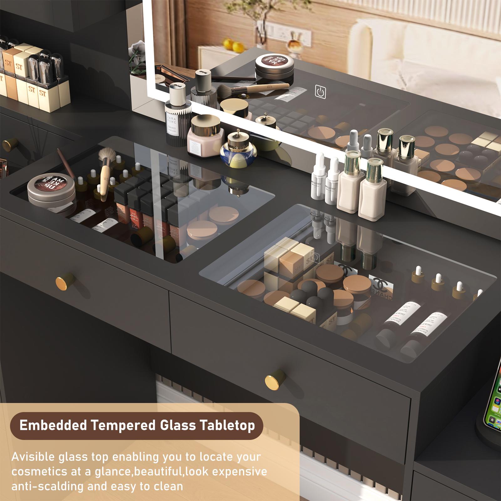 62" Large Vanity Desk w/ Tempered Glass Top,60000-color LED Lights,Power Outlet, Make up Vanity w/ 3 Lights Mode LED Mirror,2 RGB Cabinet LED Vanity Table for Women,Girls (White/Black)