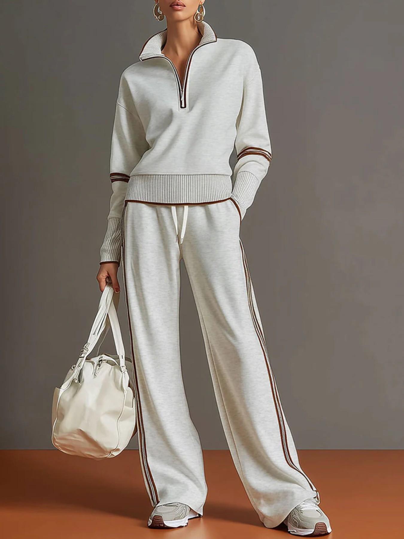 2026 New Casual Sports Set, European and American Fashion Style, Colorblock Stand Collar Sweatshirt, Wide Leg Pants Two Piece Set