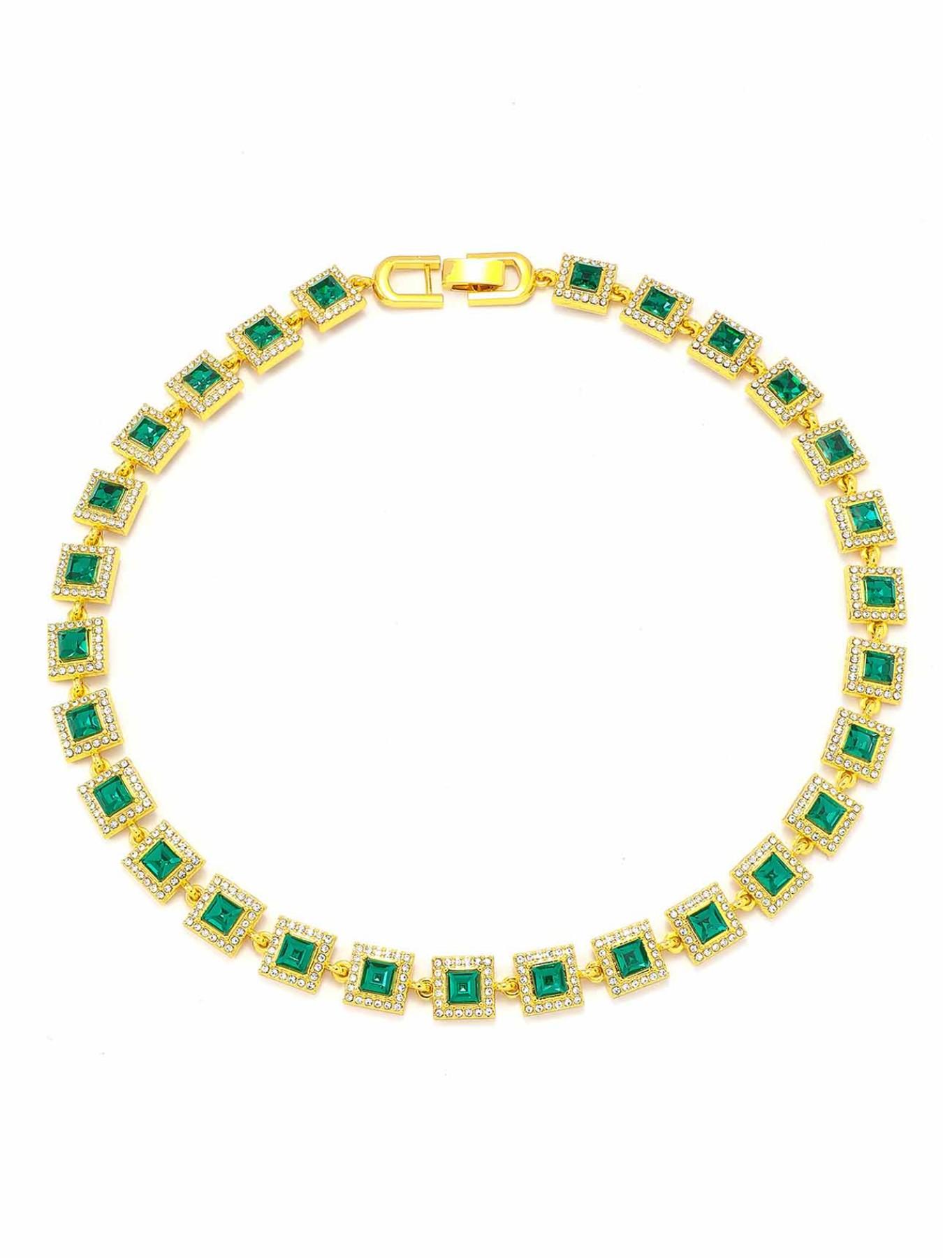 Trendy Spliced Square Color Necklace Bracelet Set, Unisex Iced Out Blingbling Design, Ideal Jewelry Gift & Punk Style Accessory