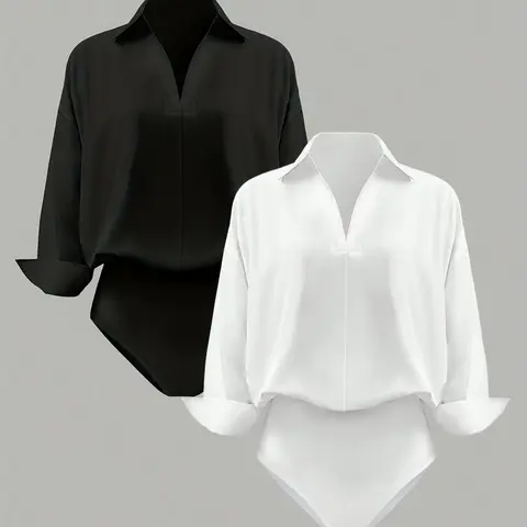 Women's 2-Piece Woven Fabric Basic Soft Casual Oversized Loose-Fit V-Neck Long-Sleeve Shirt Bodysuit Set Outfit, Tops, Stylish, Elegant and Versatile for Layering or Standalone Wear, Fashionable Bodysuits, Womenswear