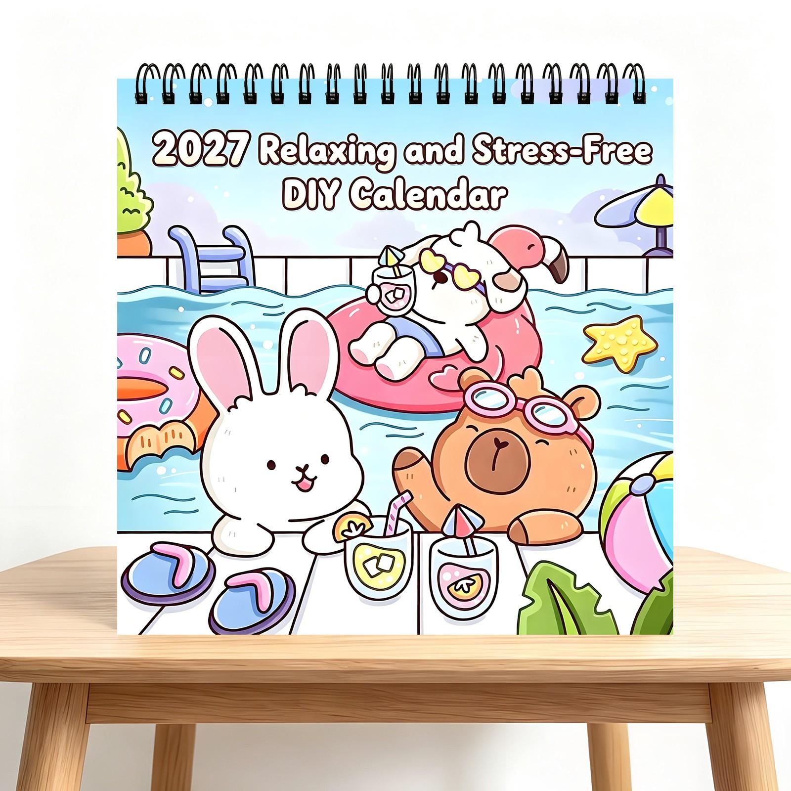 2027 Cute Cartoon Animals DIY Coloring Calendar 12 Months Stress Relief Relaxing Hand-drawn Line Art Desk Calendar Planner for Adults Kids Art Craft Gift,TikTokMadeMeBuyIt,kids calendar,new year calendar,coloring page calendar