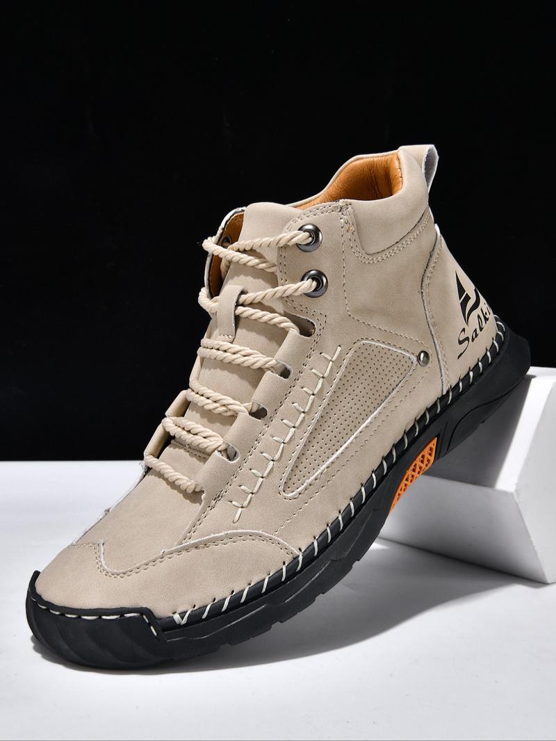 Men's Fashionable Patchwork Design Lace Up Ankle Boots, Casual Comfortable Breathable Non-slip Boots for Outdoor Activities, Durable PU Leather Shoes for Fall & Winter