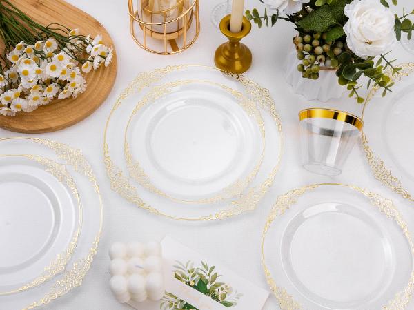 Bestluck 100PCS Clear & Gold Plastic Plates 50 Dinner 50 Dessert for Weddings Birthdays Baby Showers Christmas Anniversaries Elegant Design BPA Free Disposable Cups