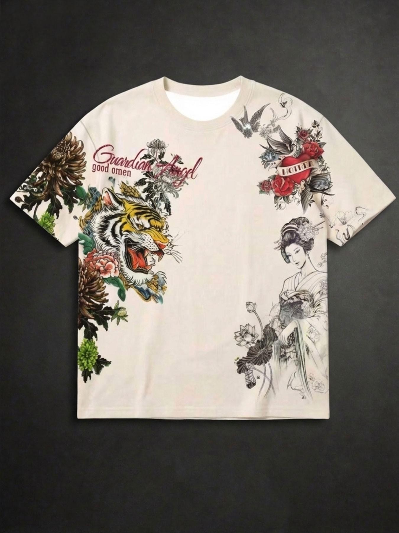 American Street Hip Hop Ukiyo-E Print Oversize T-Shirt, Men's Vintage Washed Loose Fit Short Sleeve Top, Casual Fashion Apparel