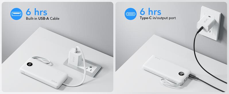 VRURC 10000mAh Portable Power Bank with 4 Built-in Cables Fast Charging LED Display Travel Battery Pack for iPhone Samsung Android Tablet iPad Earbuds USB Type-C & Micro USB Chargeable with Lanyard Smartphone Black Charger