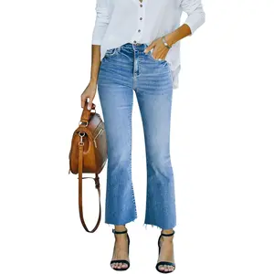 Jeans for Women Cropped Stretchy Mid Rise Bell Bottom Jeans Womens Crop Flare Jeans with Raw Hem