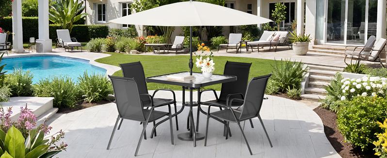 5 Piece Outdoor Patio Dining Set (Umbrella not Included), Porch Furniture with 4 Textline Chairs, 1 Square Glass Table for Garden, Backyard and Poolside, Lawn