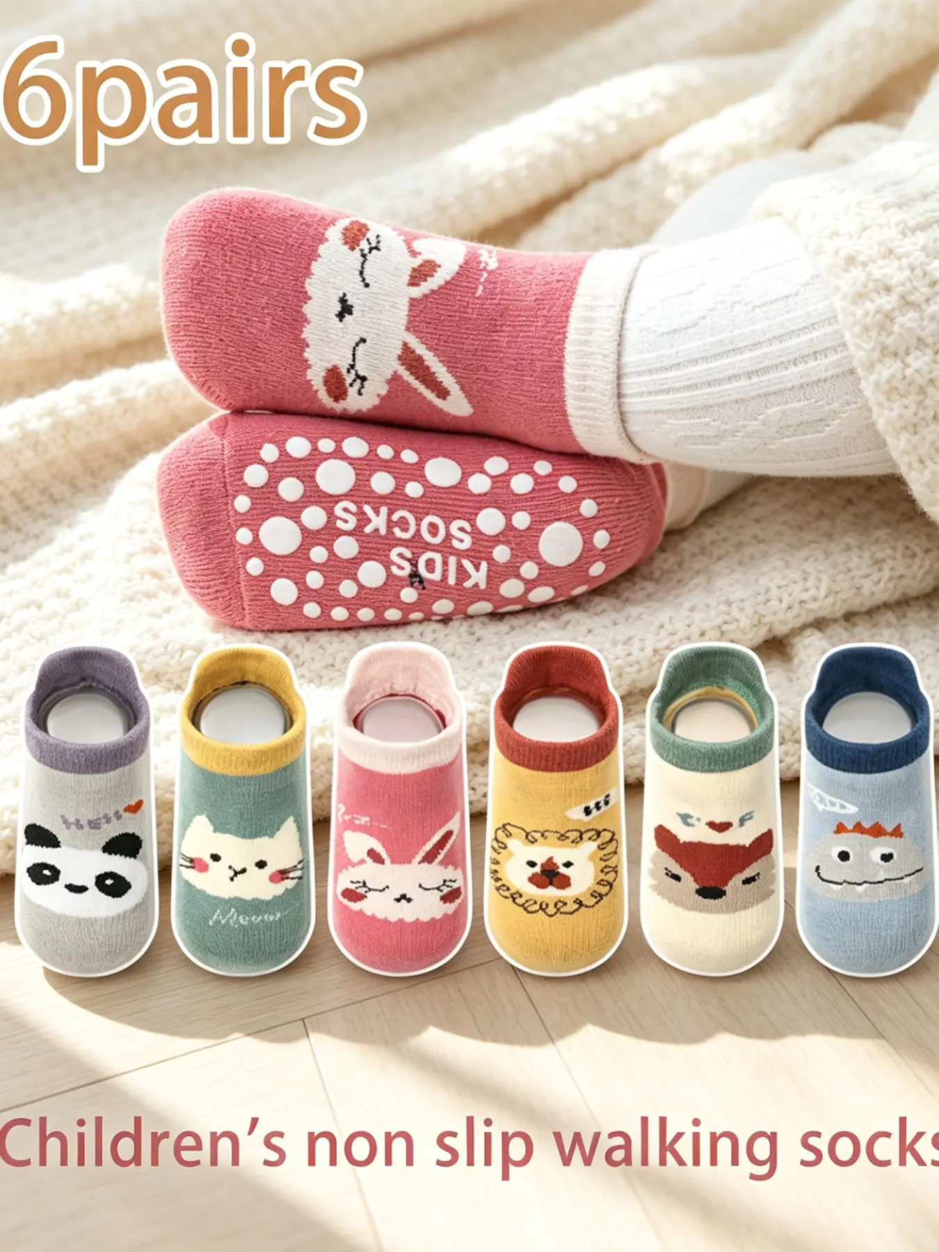 6 Pairs Children Socks Set Baby Walking Socks Boys Girls Indoor Anti-Slip Toddler Socks With Grips Floor Socks Cartoon Pattern Animal Print Slim-Fitting Toddler Grip Socks Kid Socks