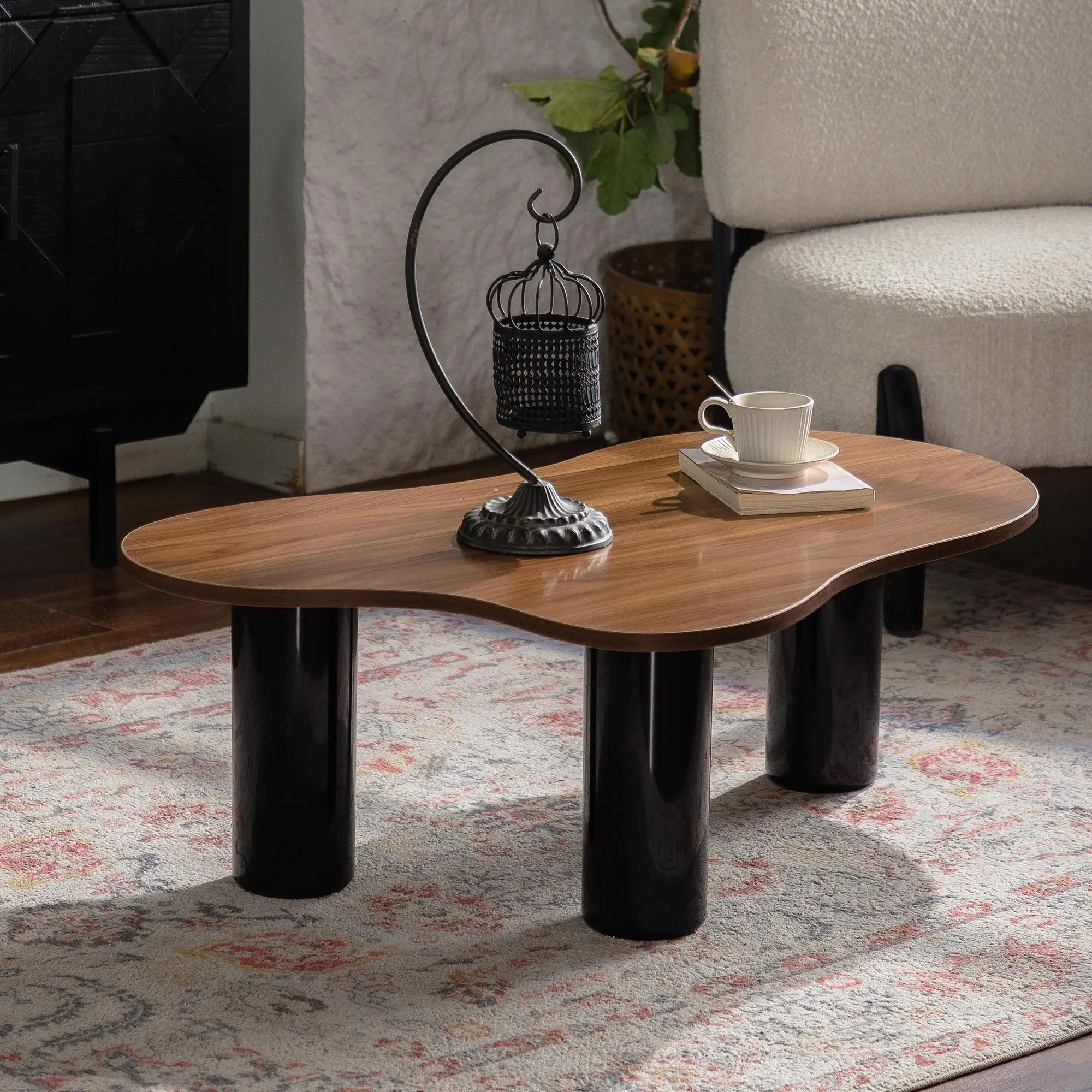 Modern Cloud Coffee Table with Irregular Curved MDF Top, Black and Wood Finish, H-Shape Legs, 25.98"W x 39.37"D x 13.78"H, Living Room Centerpiece