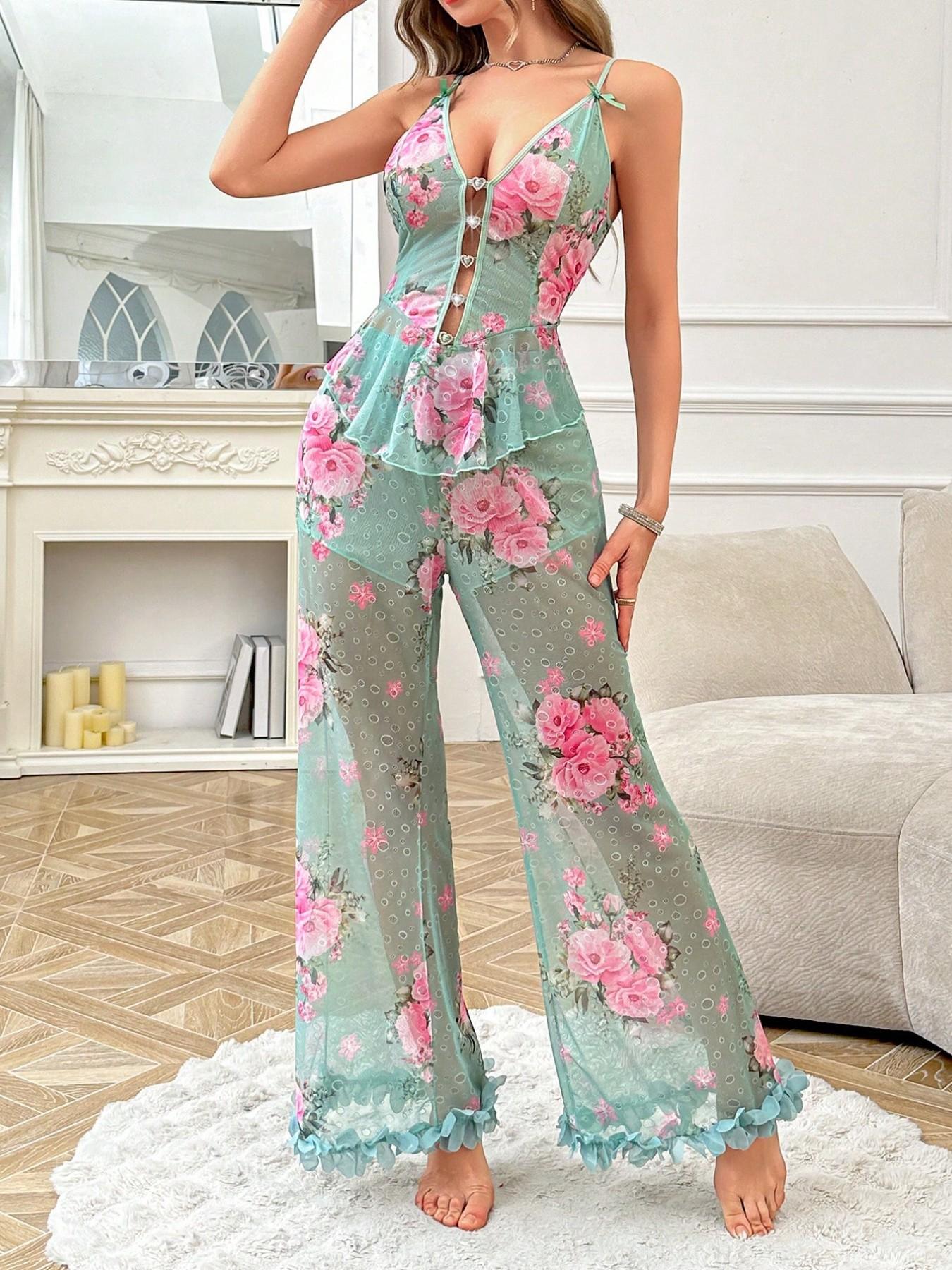 Two-Piece Transparent Sleepwear Pajamas Loungewear Set, Cute Comfortable Soft Floral Party Style, Sleeveless Fitted Design, All Seasons Wear