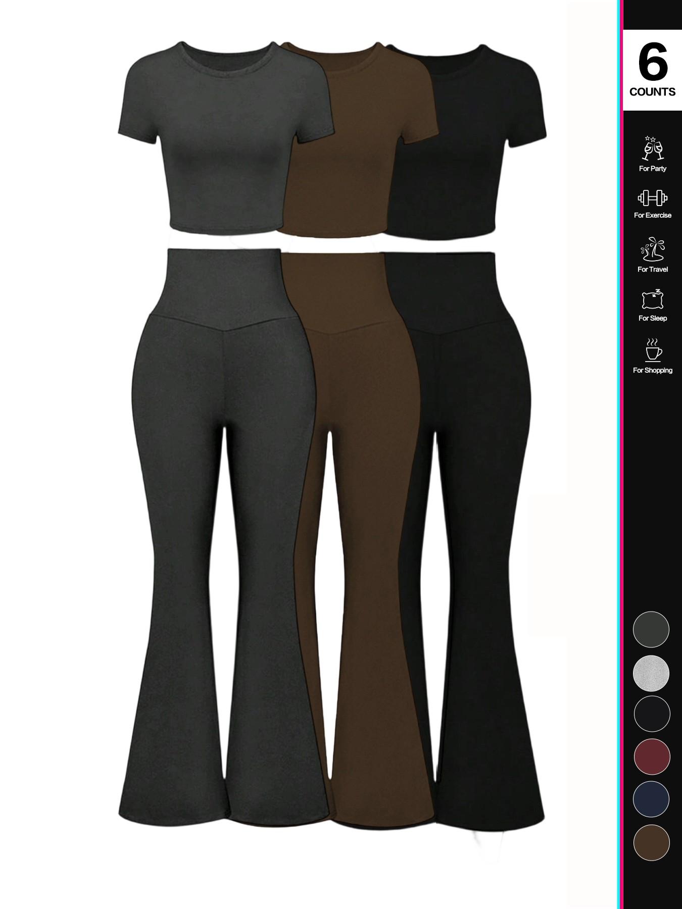 Women's High Waisted Flare Pants Set, 2 Piece, Short Sleeve Cropped T-Shirt Top, Bell Bottom Workout Sets, Casual Fashion, Athleisure Wear