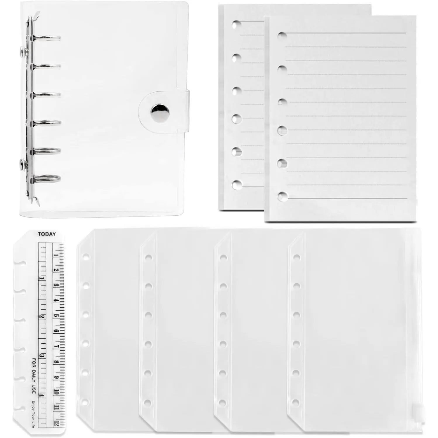 Refillable A7 Notebook Set with Cover - 6 Hole Loose Leaf PVC Binder Cover + 90 sheets (180 Pages) of Lined Paper + 4 count A7 Zipper Binder Pockets + Ruler,for 6 Ring Binder Journal Notebook