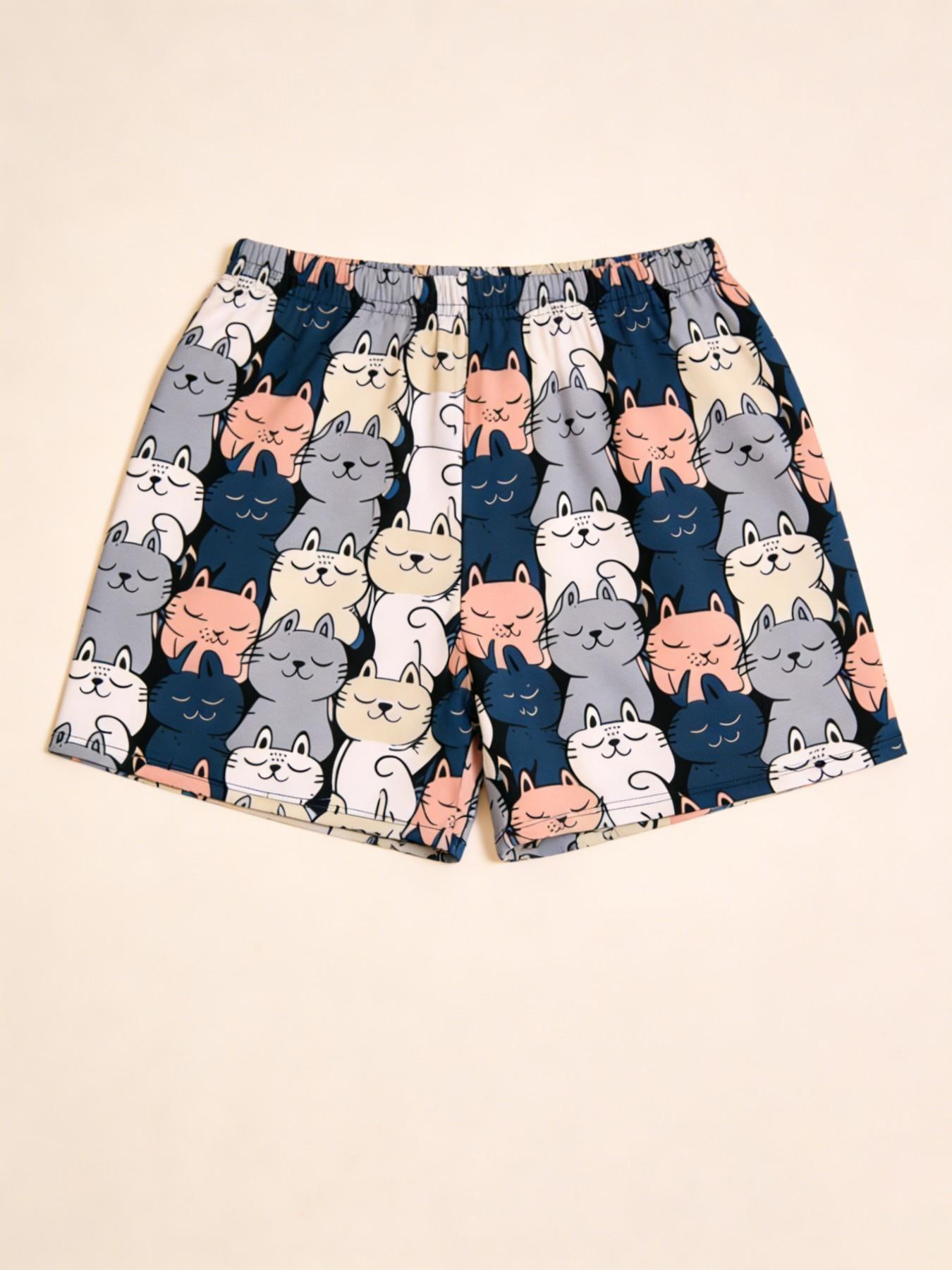 Women's Cute Cat Print Lounge Shorts, Casual Elastic Waist Pajama Bottoms, Soft Cartoon Graphic Sleep Shorts for Home Wear, Daily Relax & Loungewear