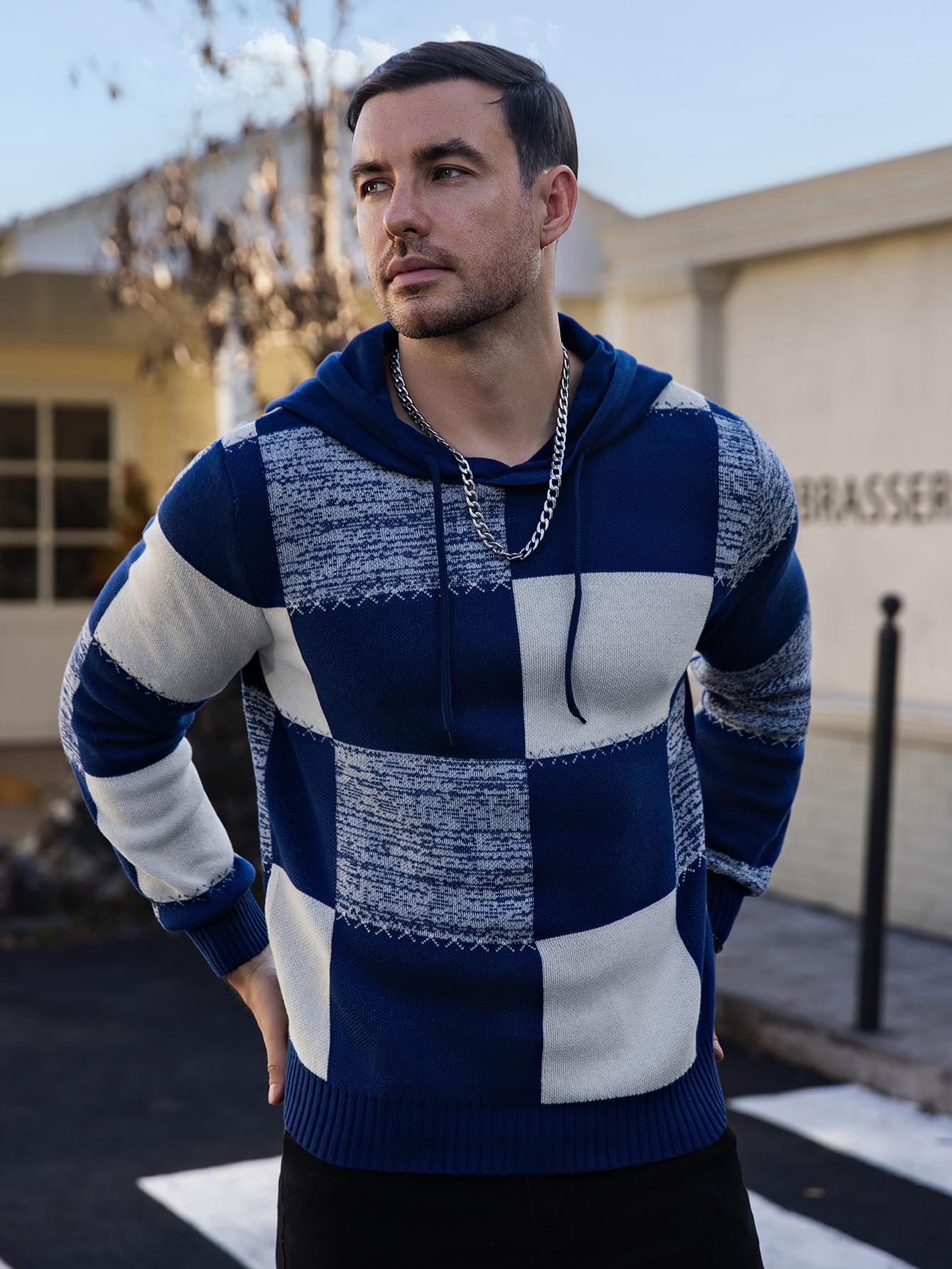 Men's Casual Hooded Color-Block Sweater - Black & Plaid Pattern, Long Sleeve Pullover with Ribbed Cuffs & Adjustable Drawstring Hood for Spring/Fall, Durable Knitwear, Comfortable Fit