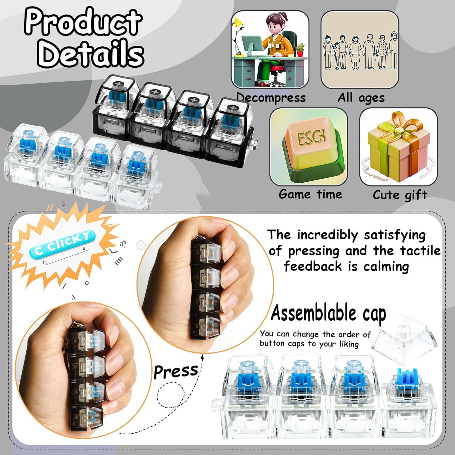 Keyboard Fidget Toy Keychain, 4-in-1 Stress-Relief Button Keychain, Glow-in-the-Dark & Non-Glow Options, Transparent Style