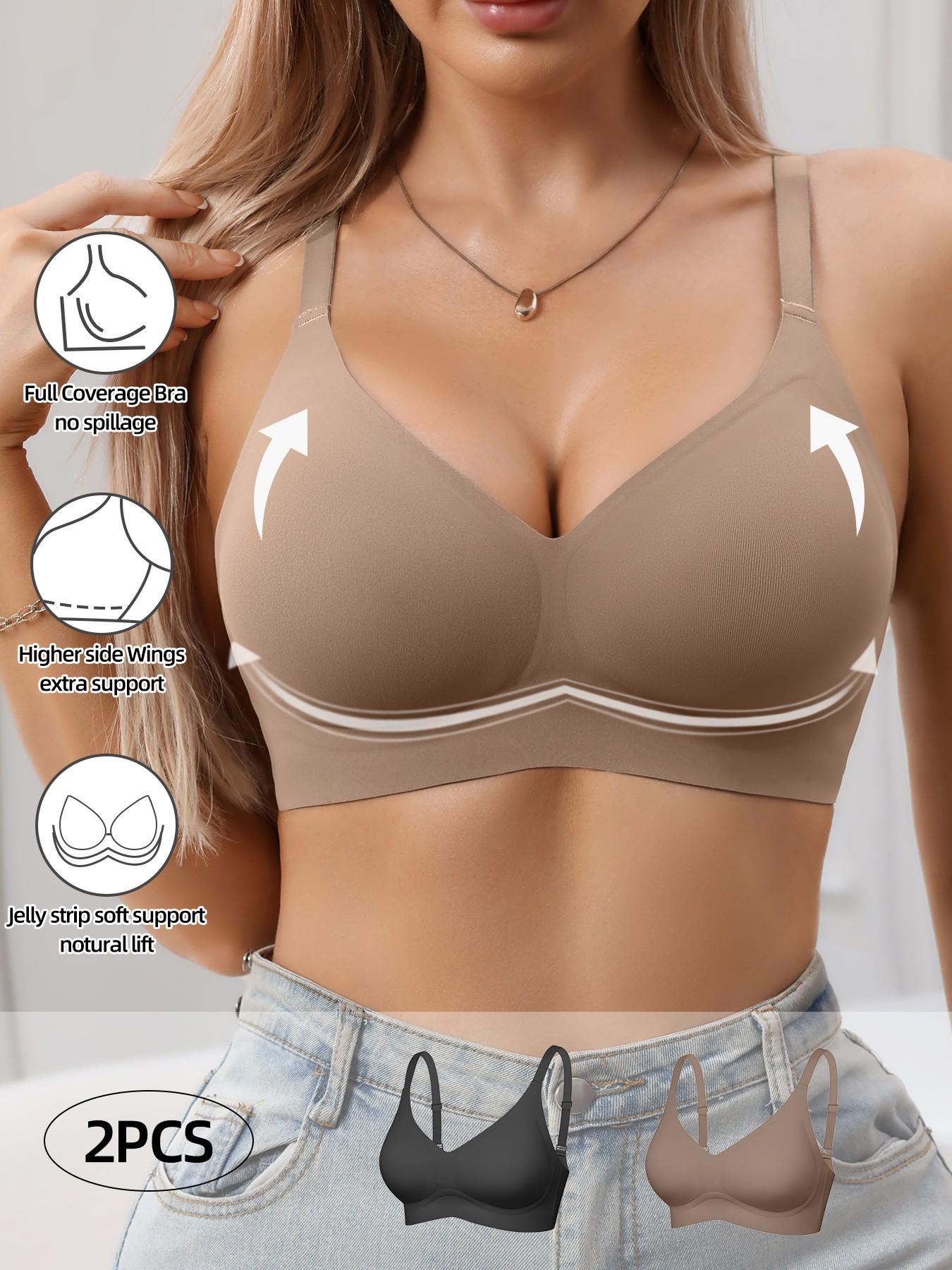 Jelly Bra Sexy V-Neck Gathered Wireless No Underwire Half Fixed Cup Pad Soft Comfort Women Daily Bra, Adjustable Strap, Medium Support, All Seasons