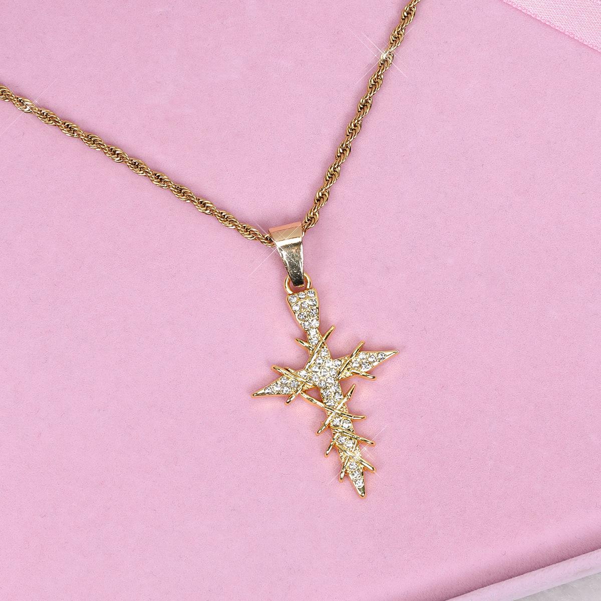 Popular hip-hop style dynamic and sparkling cross pendant necklace with twisted chain, simple alloy design