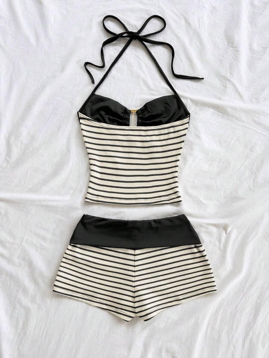 2-Piece Striped Knit Crop Top & Shorts Set, Boho Matching Set, Boho Style, Party Wear, Valentine's Day, Date Night, Beach, Fall Fashion, Beach Outfits Set