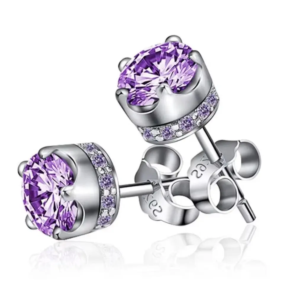 925 Sterling Silver Purple Amethyst Stud Earrings For Women Classic Real Crown Crystal Wedding Party Designer Jewelry