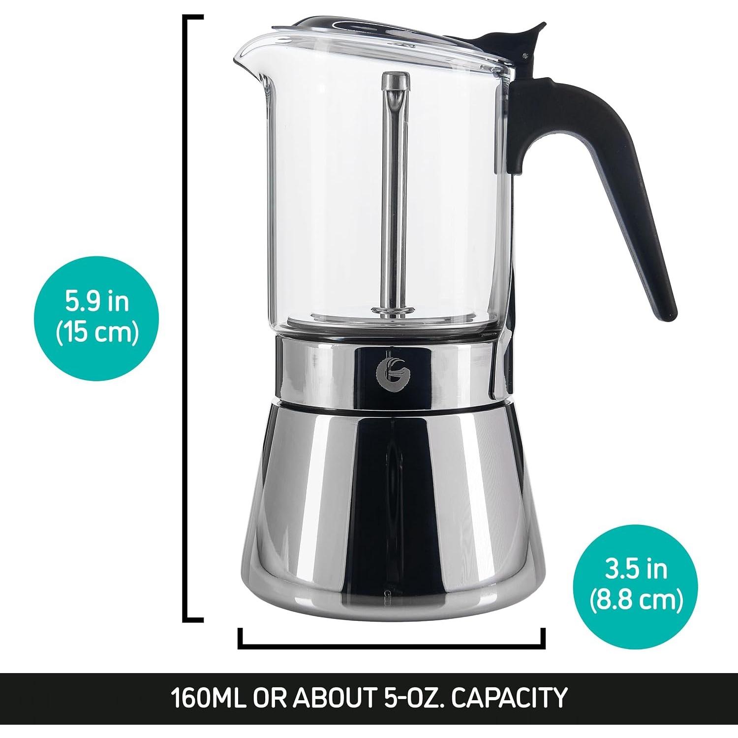 4 Cup Moka Pot, 6.7oz Stovetop Espresso Maker | for Italian , Transparent Glass & Stainless Steel Design, , 200ml