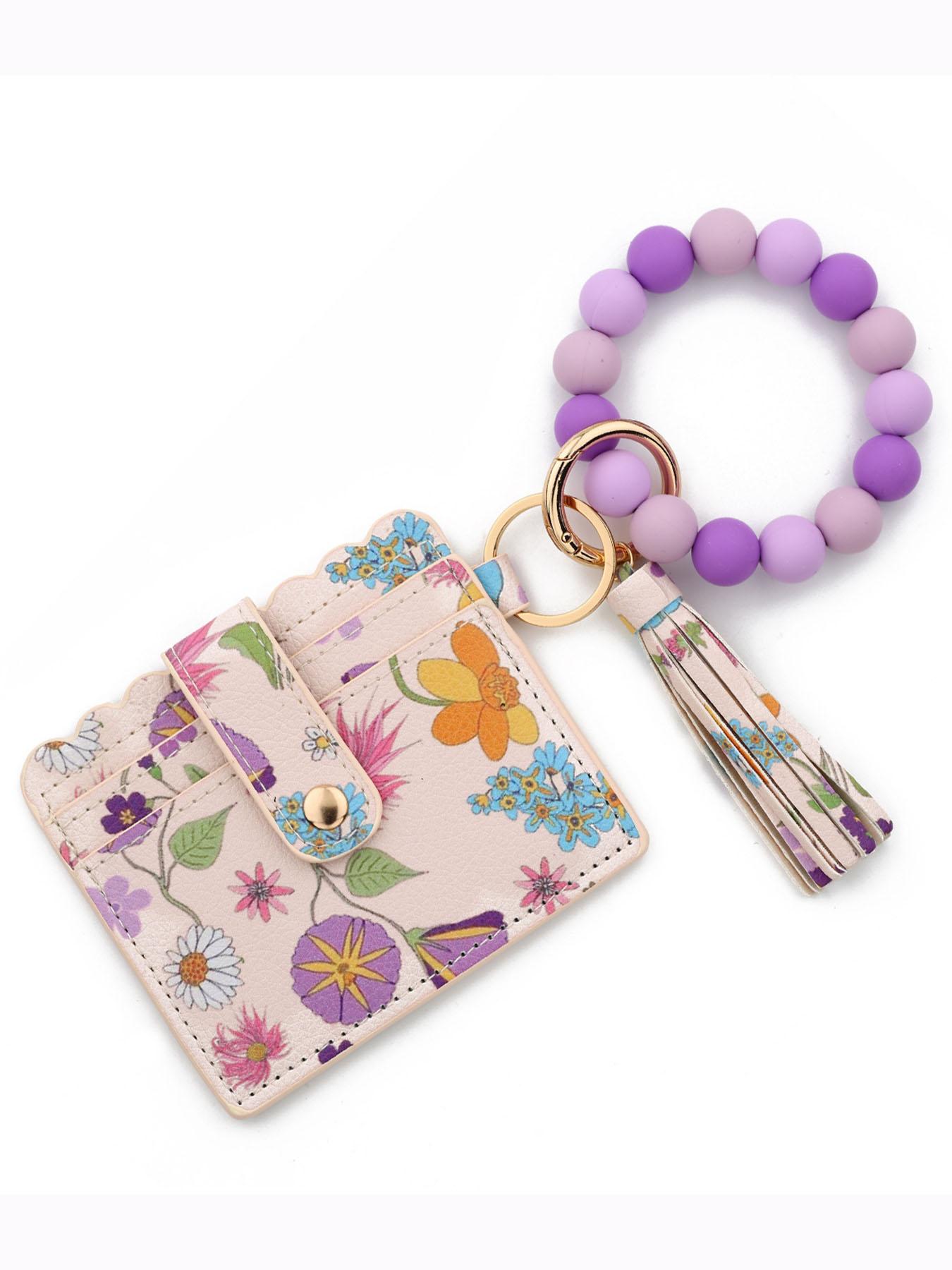 Cute Patterned Beaded Keychain Wallet, Compact Card Holder with Tassel Wristlet, Portable Accessory for Women