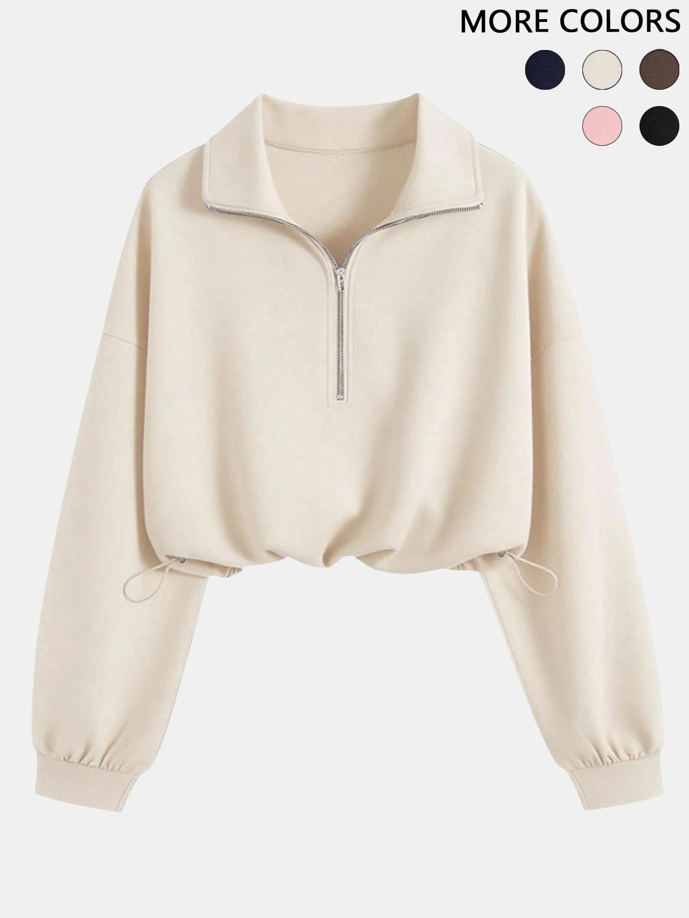 Women's Half-Zip Stand Collar Drawstring Short Sweatshirt, Comfortable and Stylish Pullover for Spring & Fall