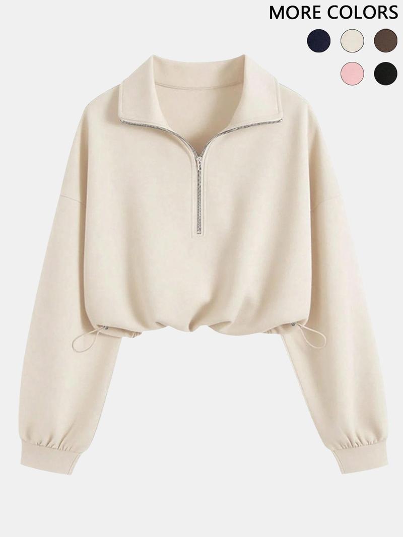 Women's Half-Zip Stand Collar Drawstring Short Sweatshirt, Comfortable and Stylish Pullover for Spring & Fall