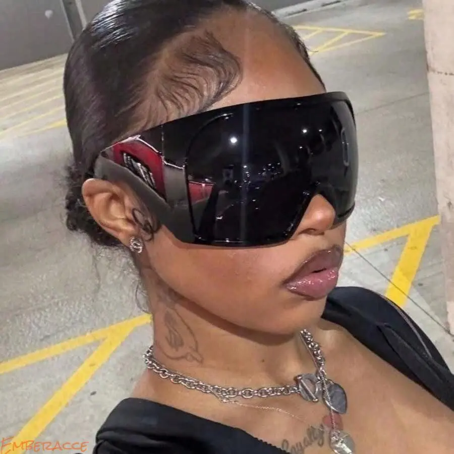 Futuristic Wrap Around Sunglasses Y2K Shield Glasses, Oversized Curved Lens Streetwear Shades, Retro 2000s Rave Eyewear with UV400 Protection, Stylish Steampunk Design for Festival, Outdoor Travel, Summer Beach, Camping and Daily Wear