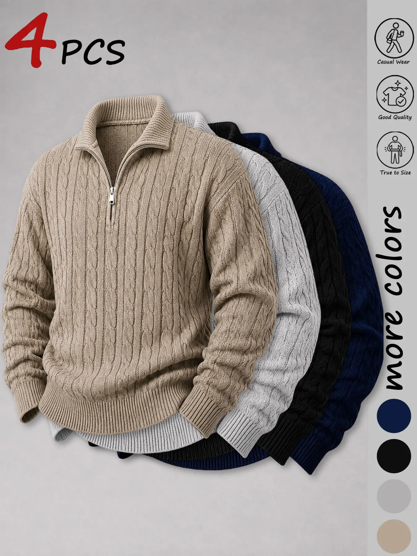 Men's Quarter Zip Stand Collar Cable Knit Sweater for Men, Thick Warm Stretch Knit Jumper Relaxed Regular Fit, Versatile Layering Top for Work Commute, Casual Daily & Cold Autumn Winter Days Long Sleeve