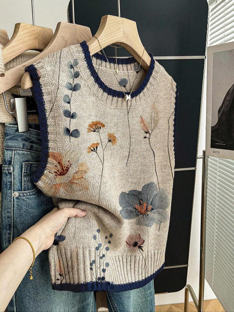 Elegant Floral Pattern Sleeveless Knit Top for Women, Casual and Loose Fit Round Neck Pullover for Spring and Autumn, Ideal for Outings