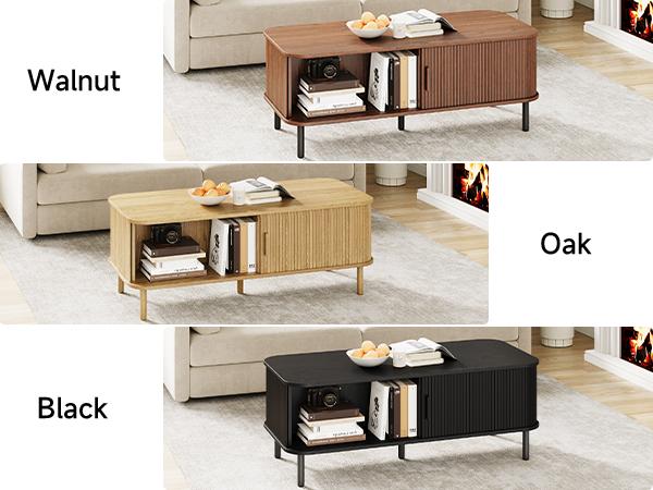 【Valentine's Day gift】ONBRILL Fluted Coffee Table with Storage, 47.2" Mid Century Modern Coffee Tables for Living Room, Rectangle Wood Center Table with Sliding Tambour Door & Adjustable Leg for Living Room,Bedroom Furniture