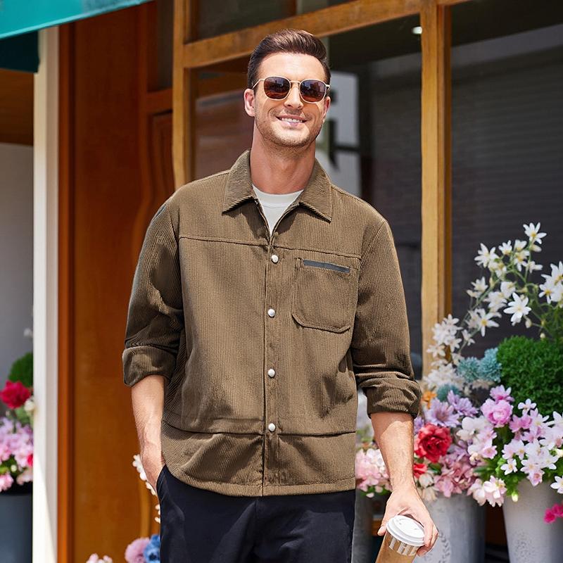 Men's Classic Vintage Corduroy Button-Front Trucker Coat - Menswear, Lapel Collar, Functional Patch Pockets, Relaxed Fit, Soft Fabric Lightweight Shacket for Casual Layering, Street Fashion