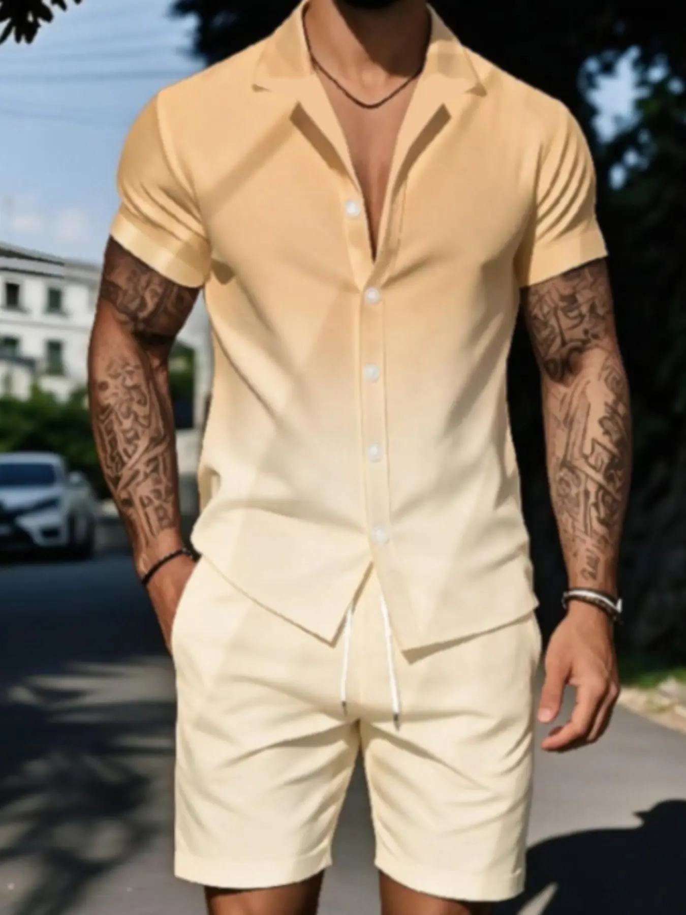 Men Sublimation Two Piece Beach Outfit Minimalist Gradient Plain Solid Print Short Sleeve Lapel Button Shirt Elastic Drawstring Shorts Casual Summer Matching Sets For Daily Resort Holiday Party Casual Clothing Set
