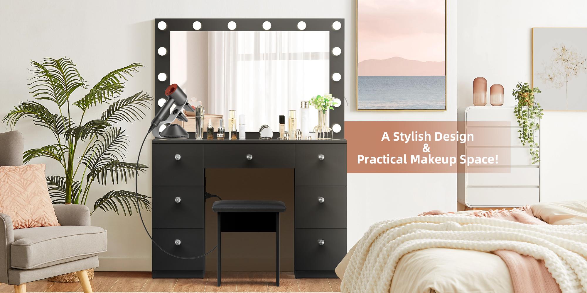 VOWNER 44" Makeup Vanity Table Desk Set With Power Outlet, 14 LED Bulbs Lights Mirror and 7 Drawers Furniture Bedroom, vanity mirror