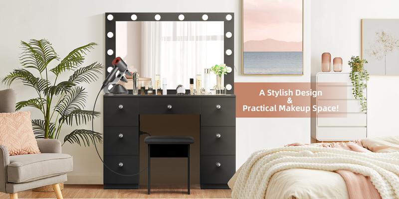 VOWNER 44" Makeup Vanity Table Desk Set With Power Outlet, 14 LED Bulbs Lights Mirror and 7 Drawers Furniture Bedroom, vanity mirror