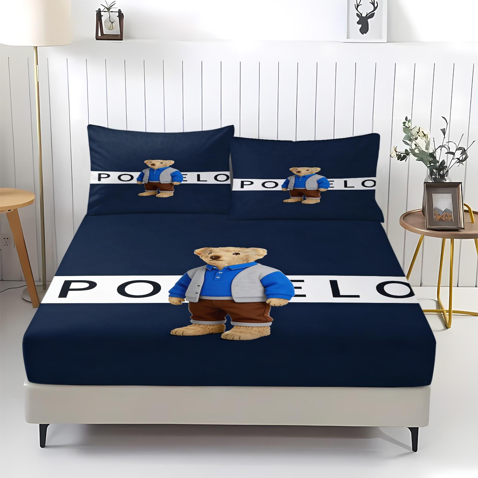 Teddy Bear Pattern Bed Sheet, Comfortable Printed Pattern, Includes 1 Bed Sheet and 2 Pillowcases, Comfortable Bedding, Non slip Dust Cover Suitable for Bedroom and Guest Room, Suitable as a Gift for Children or Adults, Bedsheet